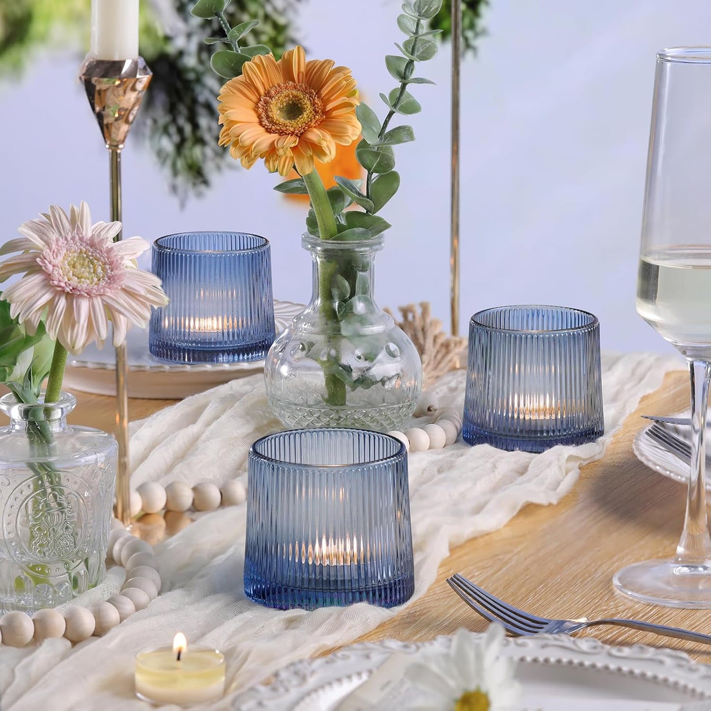 DARJEN Blue Ribbed Tealight Votive Candle Holders Set of 10- Votive Candle Holders for Table Centerpiece, Tea Light Candle Holder Glass for Wedding and Home Decor, Blue Decor and Gifts