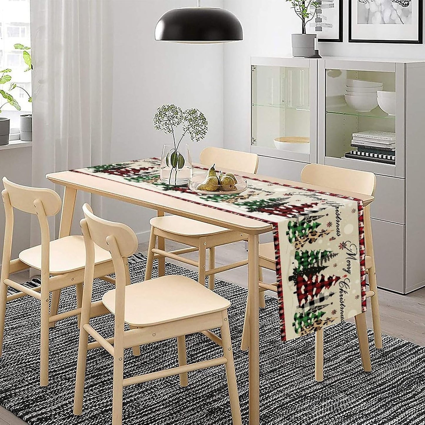 Christmas Tree Table Runner,Farmhouse Xmas Trees Buffalo Plaid Winter Snowflake Tablecloth Burlap for Hotel Indoors Outdoor Dining Room Kitchen Home Decor,W13X L70 in