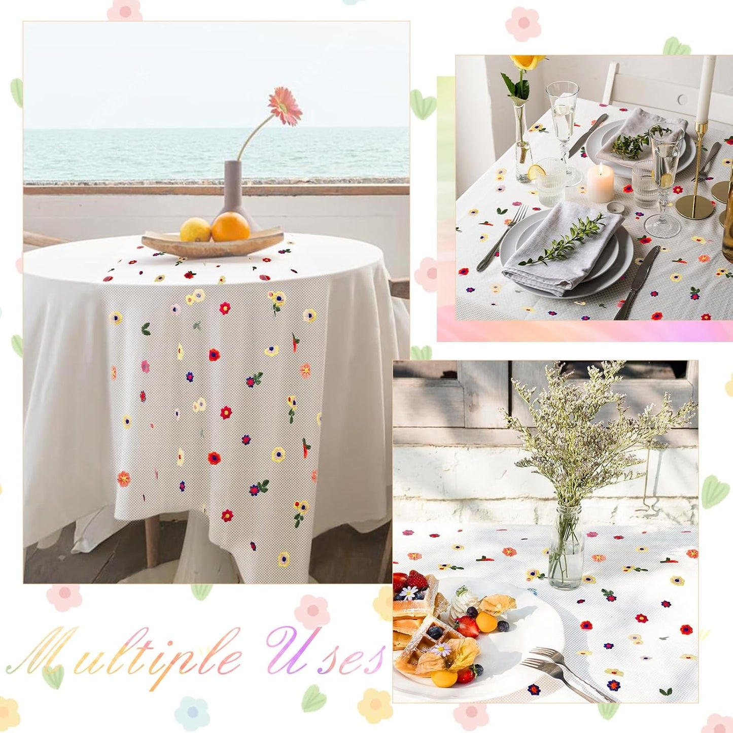 BINBE 6pcs Ivory Daisy Fall Table Runner Embroidery Gauze 10FT Florals Seasonal Tulle Holiday Birthday Kitchen Dining Table Decor for Home Party