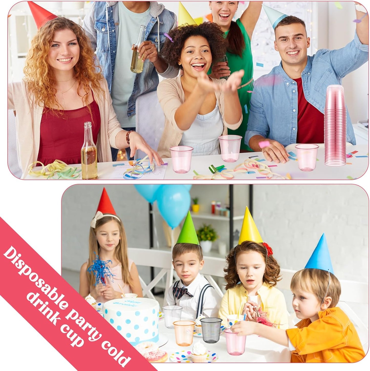 50 Pcs Disposable Stemless Glasses 12oz Crystal Plastic Wine Glasses Clear Classic Pet Cup for Meeting Weddings Birthdays Cocktail Christmas Party Supplies (Pink)