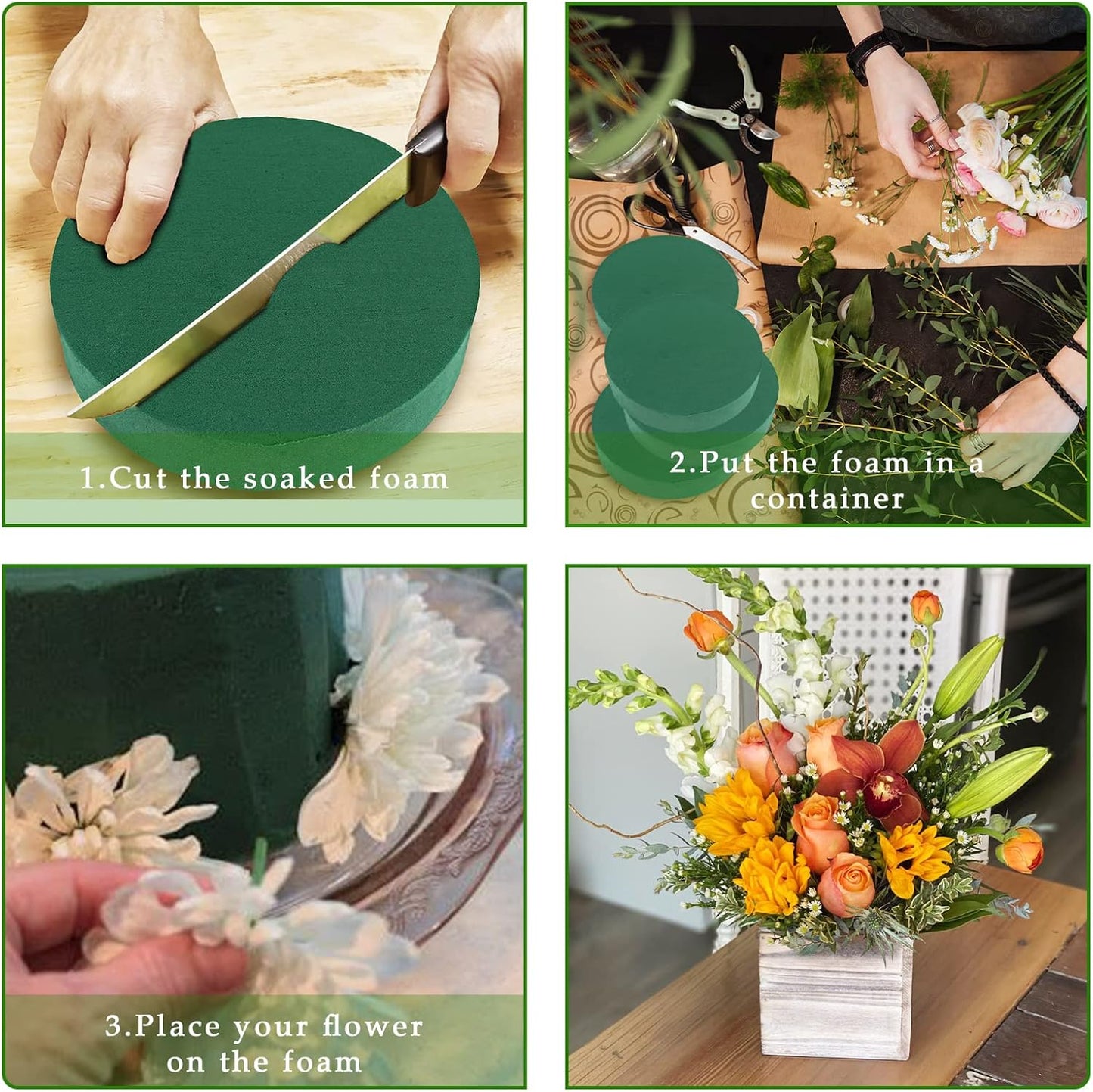 Prashent 4 Pcs Round Floral Foam Blocks,Green Wet Dry Flower Foam Plant Foam for Artificial & Fresh Flower Arrangements DIY Craft 7.9" X 1.6"