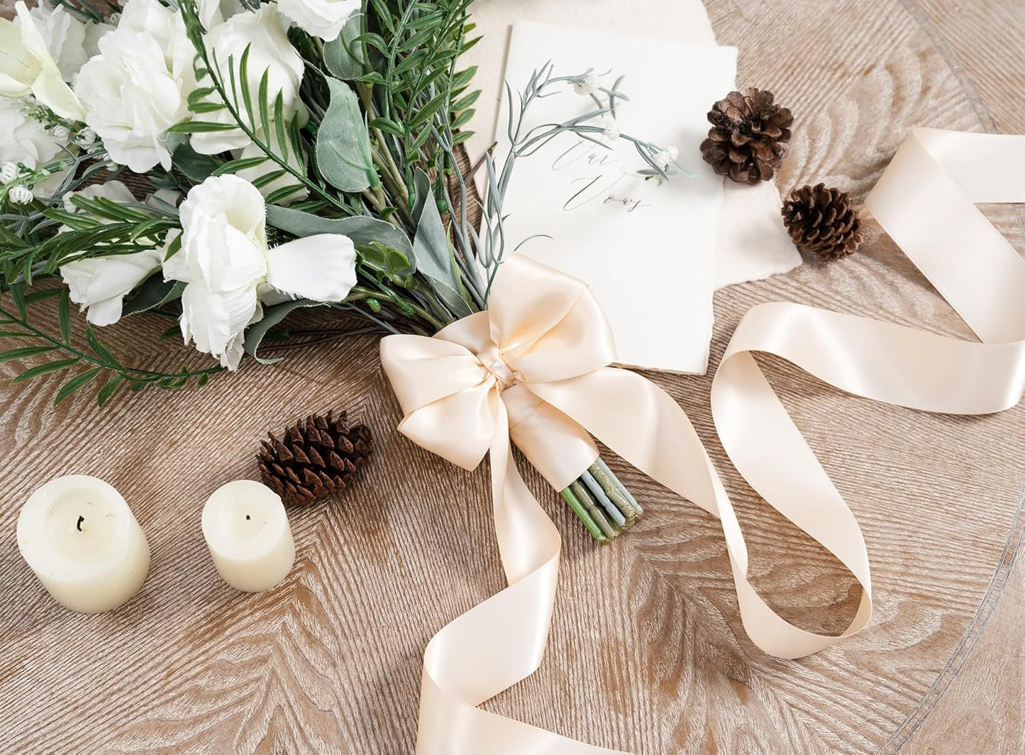 Light Champagne Satin Ribbon 1-1/2 Inch x 50 Yards Double-Faced Polyester Ribbons for Flower Bouquet Gift Wrapping Party Decor Wedding Invitation DIY Craft