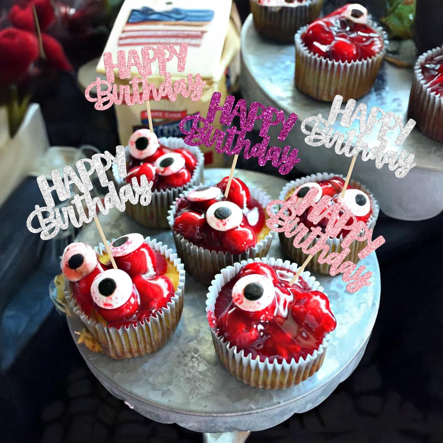 Gyufise 24Pcs Happy Birthday Cupcake Toppers Glitter Birthday Cupcake Food Picks for Celebrating Happy Hallowenn Theme Party Cake Decorations Supplies Purple White Silver