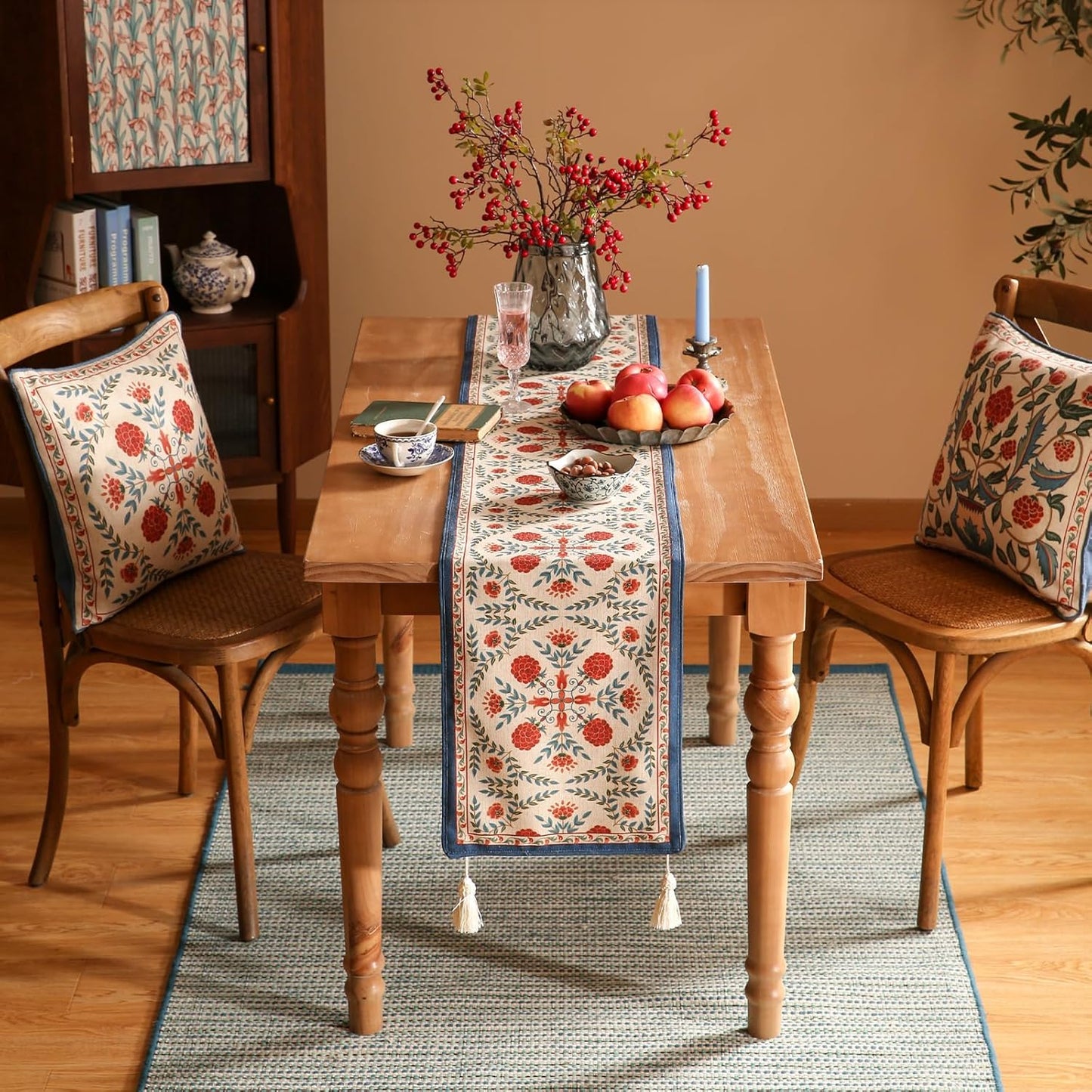 patdrea Designer Vintage Bright Farmhouse Linen Table Runner 87 Inch Long, Maroon Floral Pattern Table Mat, Decoration for Kitchen Dining Table Coffee Table Cabinet Banquet Christmas ,12"*87"