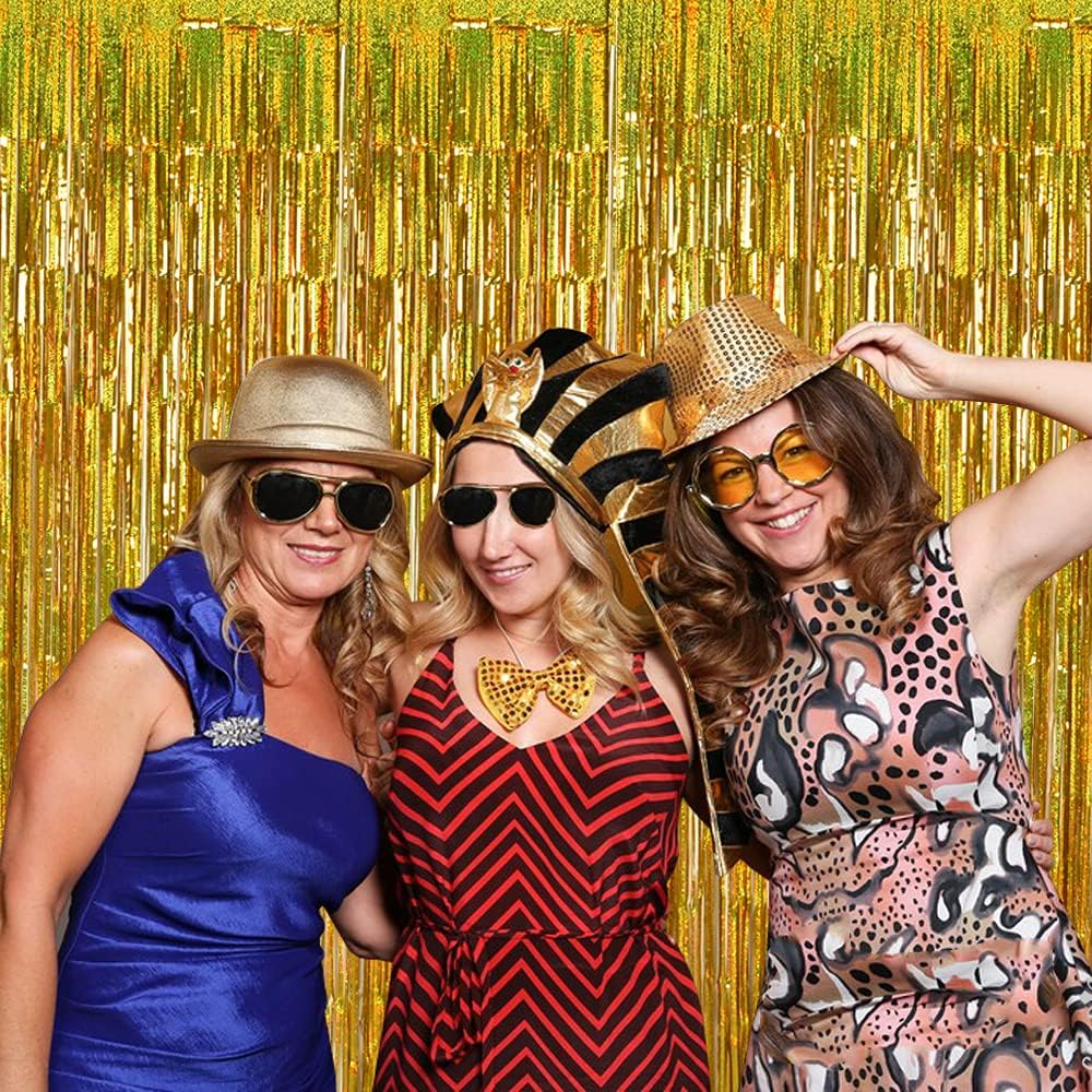 TONIFUL 3Pcs Laser Gold Door Streamers, Metallic Foil Fringe Curtains for Birthday, Christmas, New Year, Bachelorette, Graduation Parties (9.9ft x 6.6ft)