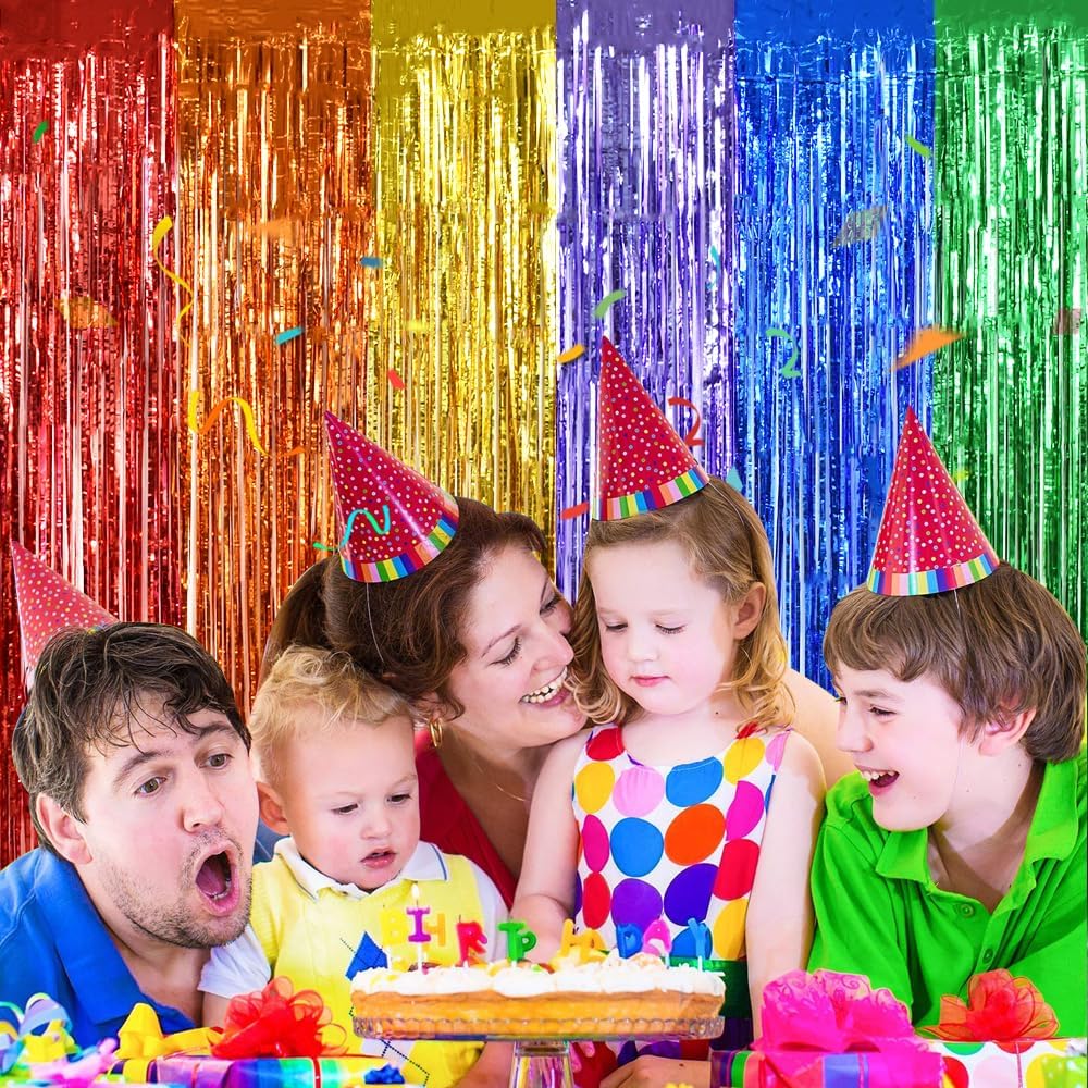 BEISHIDA 4 Pack Rainbow Streamers Fringe Foil Curtain Backdrop, Tinsel Curtain Wall Door Party Streamers for Birthday Party Decoration(3.28 ft x 6.56 ft)