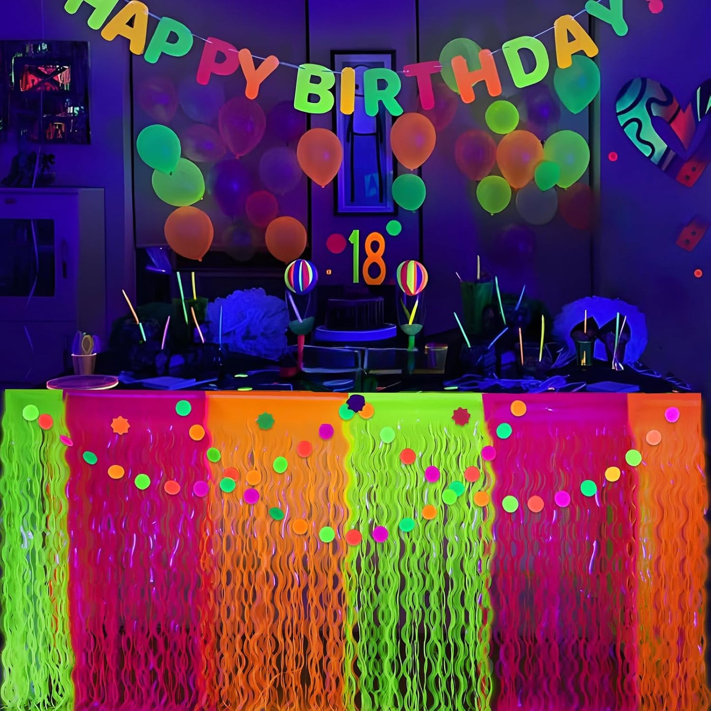 Mega-L Glow in The Dark Party Supplies, 4 Pack Neon Party Decorations Fluorescent Macaron Orange, Yellow and Fuchsia Wavy Metallic Tinsel Foil Fringe Table Skirts, Perfect Table Decors Glow Decors