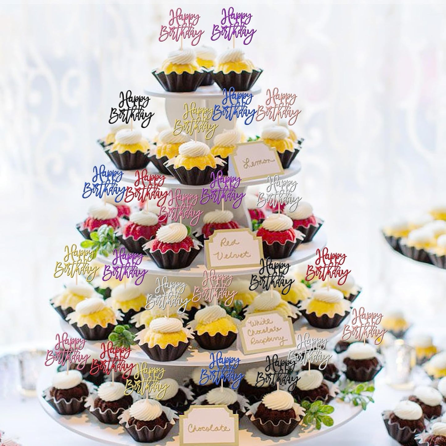 24 PCS Happy Birthday Cupcake Toppers Glitter Picks for Celebrating Party Decorations Anniversary Theme Cake Supplies Multi