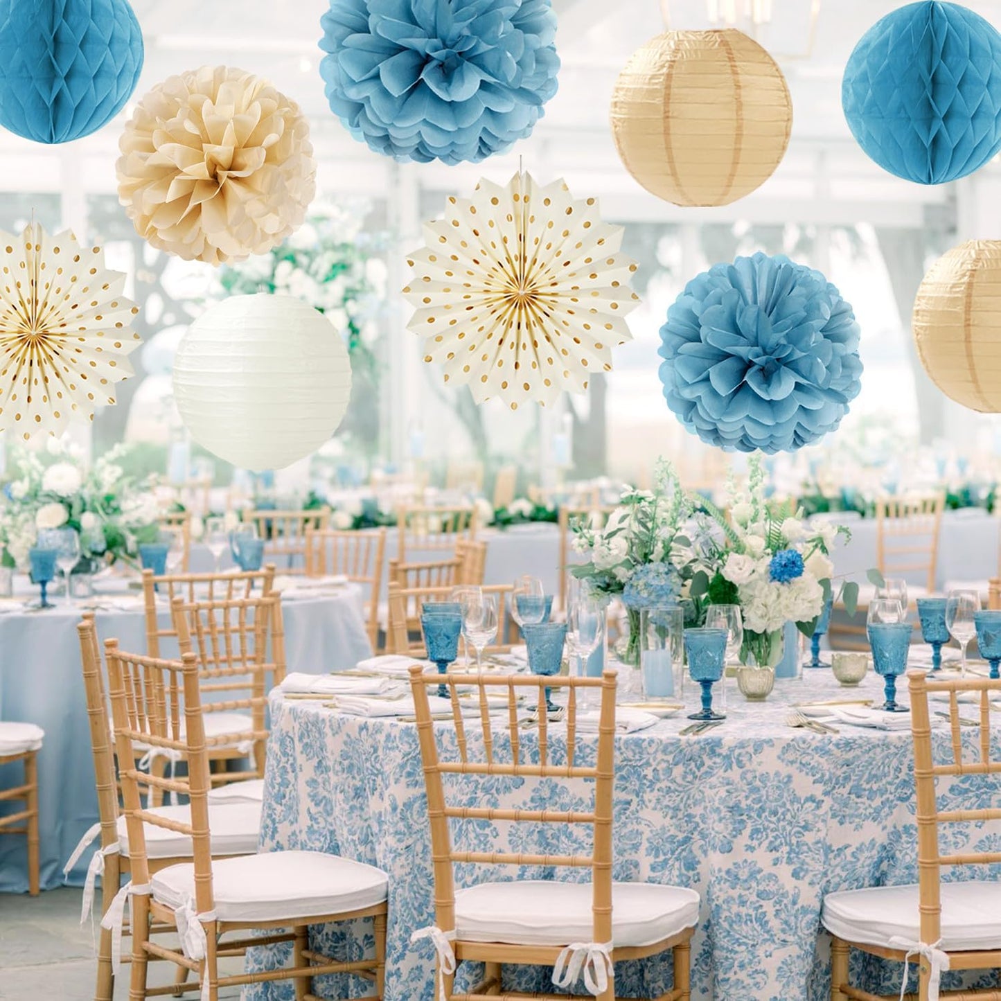 Light-Dusty Blue Beige-Champagne Boho Party-Decorations - 14Pcs Baby Bridal Shower Streamers Lanterns Honeycomb Fan,Tissue Pom Poms,Women Girls Birthday Bachelorette Wedding Backdrop Decor Ouruola