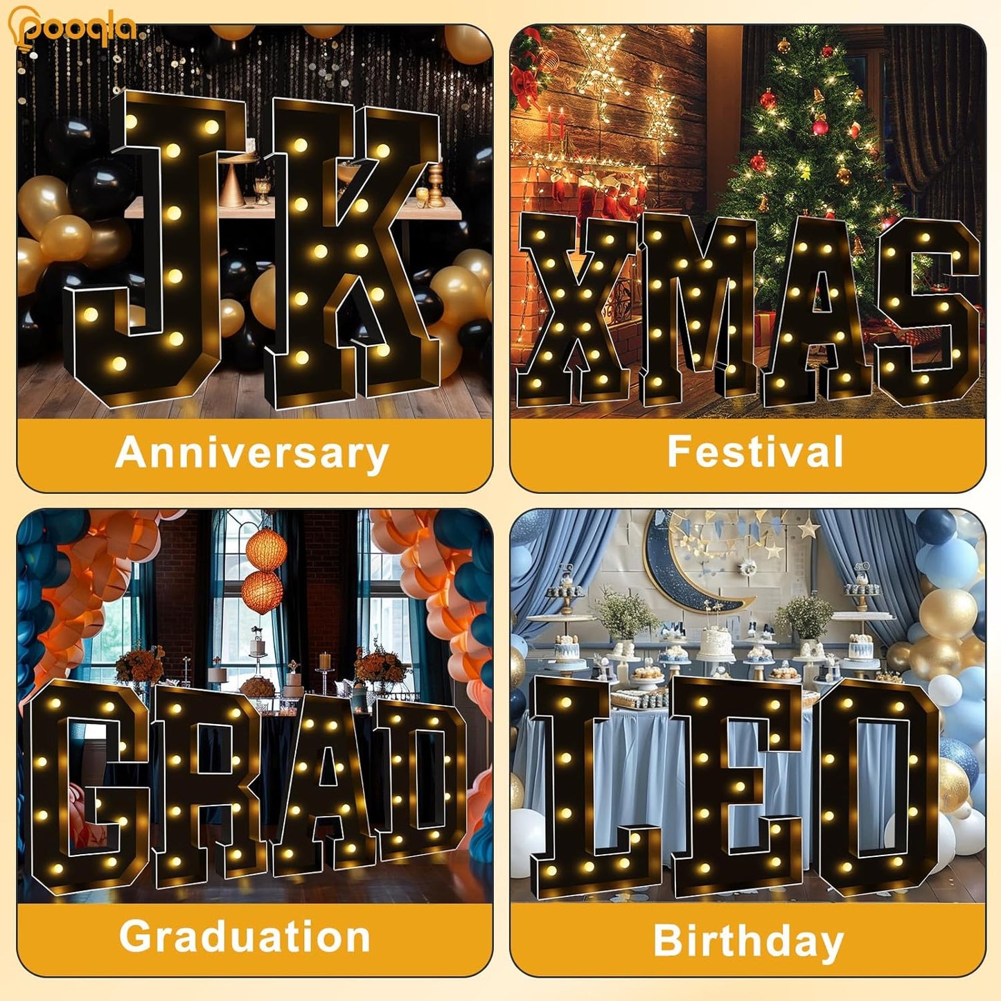 Pooqla 3FT Marquee Light Up Letters, Black LED Party Decor Large Marquee Letters 3 Feet Tall, Giant Mosaic Letter for Birthday Graduation Anniversary Wedding Decoration, Letter S