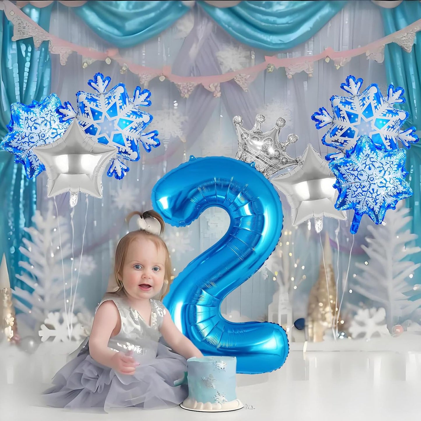 8Pcs Winter Wonderland Decorations - 40inch Blue Number 2 Balloons - Snowflake Mylar Balloons for Winter Wonderland Party Decorations - Birthday Decoration