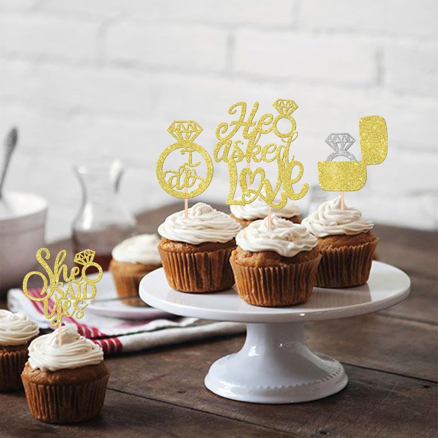 30 PCS He Asked She Said Yes Cupcake Toppers Love I Do Diamond Ring Cupcake Picks for Wedding Enaggement Bridal Shower Party Cake Decorations Supplies Gold