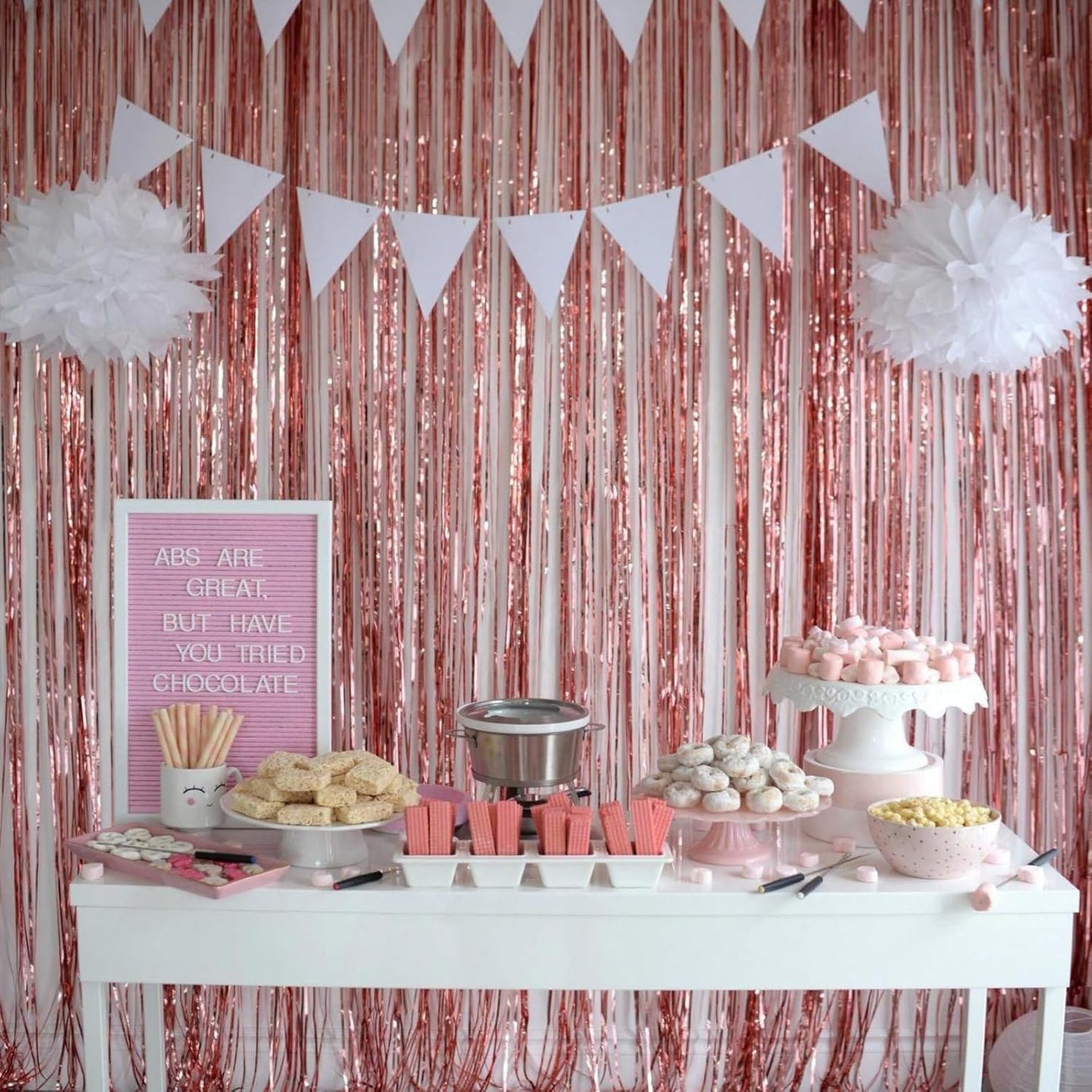 CANREVEL 2 Pack 3.3x8.2 Feet Rose Gold Foil Fringe Backdrop Curtains, Tinsel Streamers Birthday Party Decorations, Fringe Backdrop for Bachelorette Party Bride to Be Birthday Girls Streamers Party