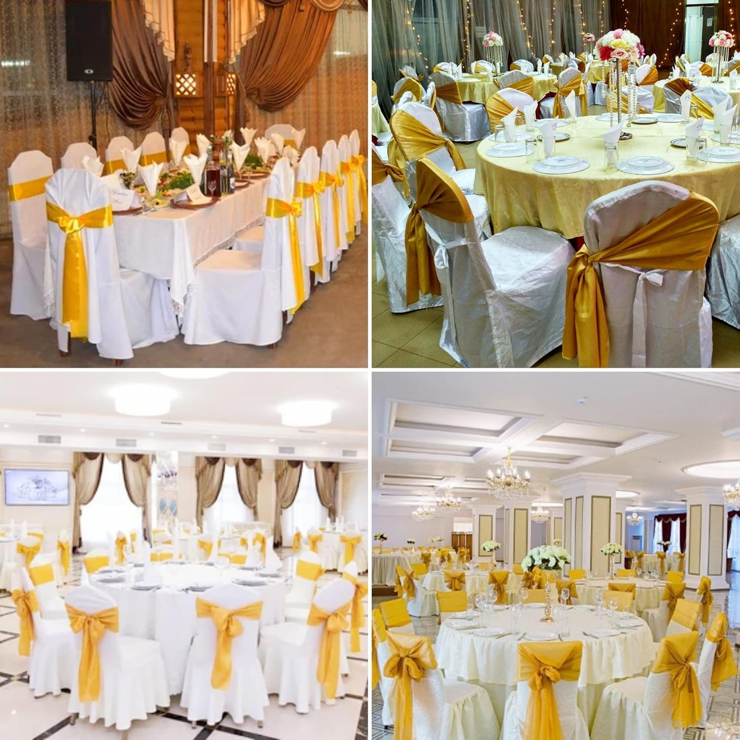100 PCS Satin Chair Sashes Decorative Bows Satin Chair Sashes Ties Back Ribbon Bows Chairs Cover Band for Wedding Party Ceremony Reception Events Banquet Restaurant Home Kitchen Decor(7x108inch,Gold)