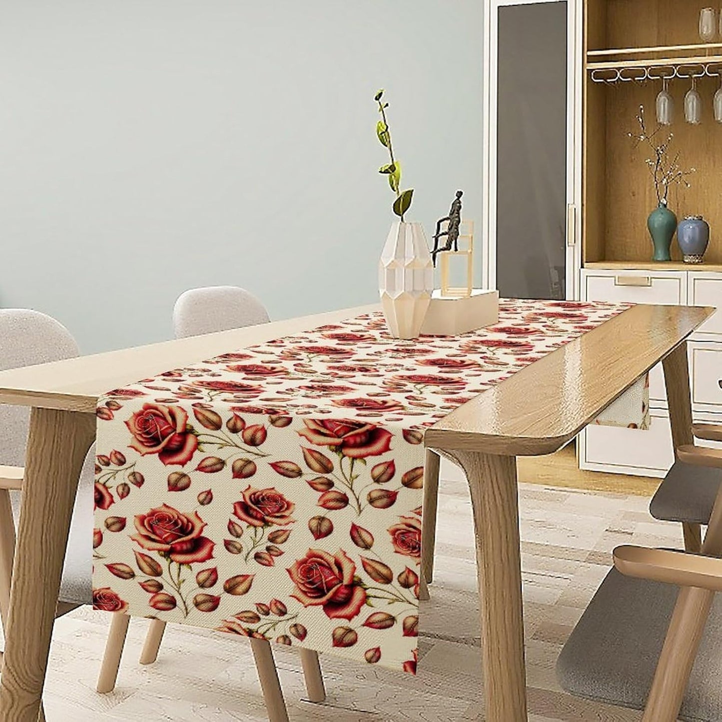 Retro Rose Table Runner, Romantic Love Elegant Plant Red Golden Flower Print Table Runner for Kitchen Dinning Table Runner Decor Home Wedding Party Holiday, 13x90 Inch