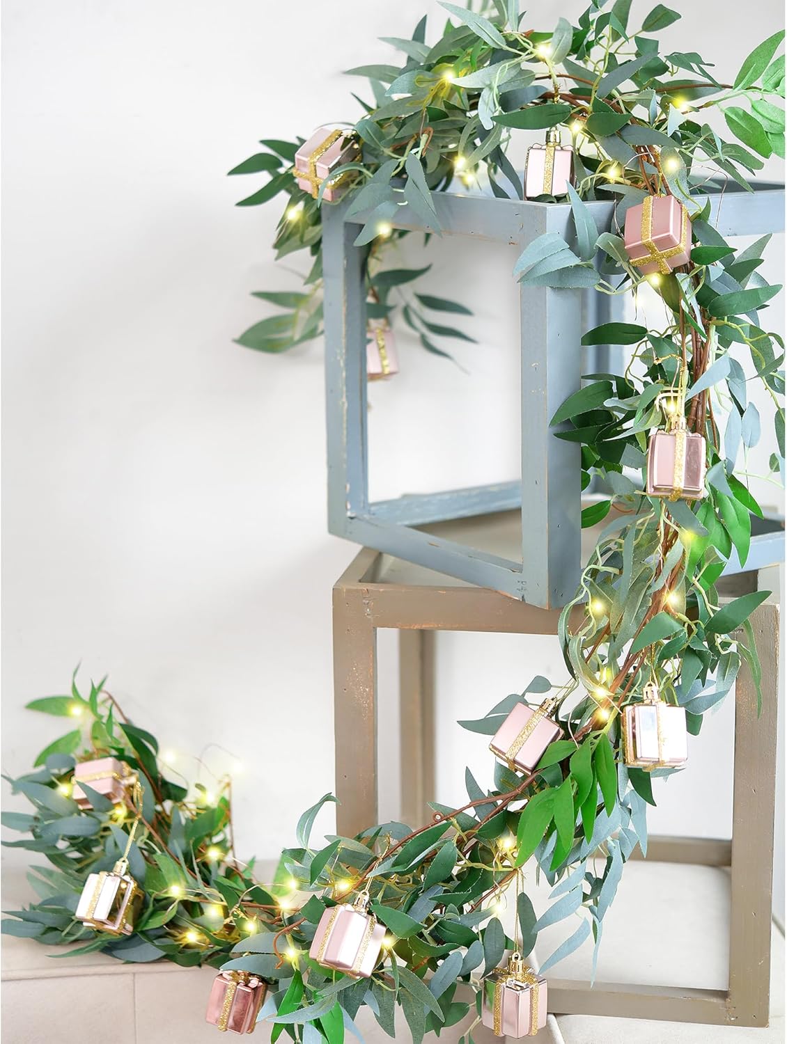 Artificial Willow Garland with USB Fairy String Lights & Pink Gift Box Ornaments – 2-Pack Lighted Greenery Vine, with Remote for Mantels, Weddings, Fireplace, Holidays, Parties & Everyday Home Decor