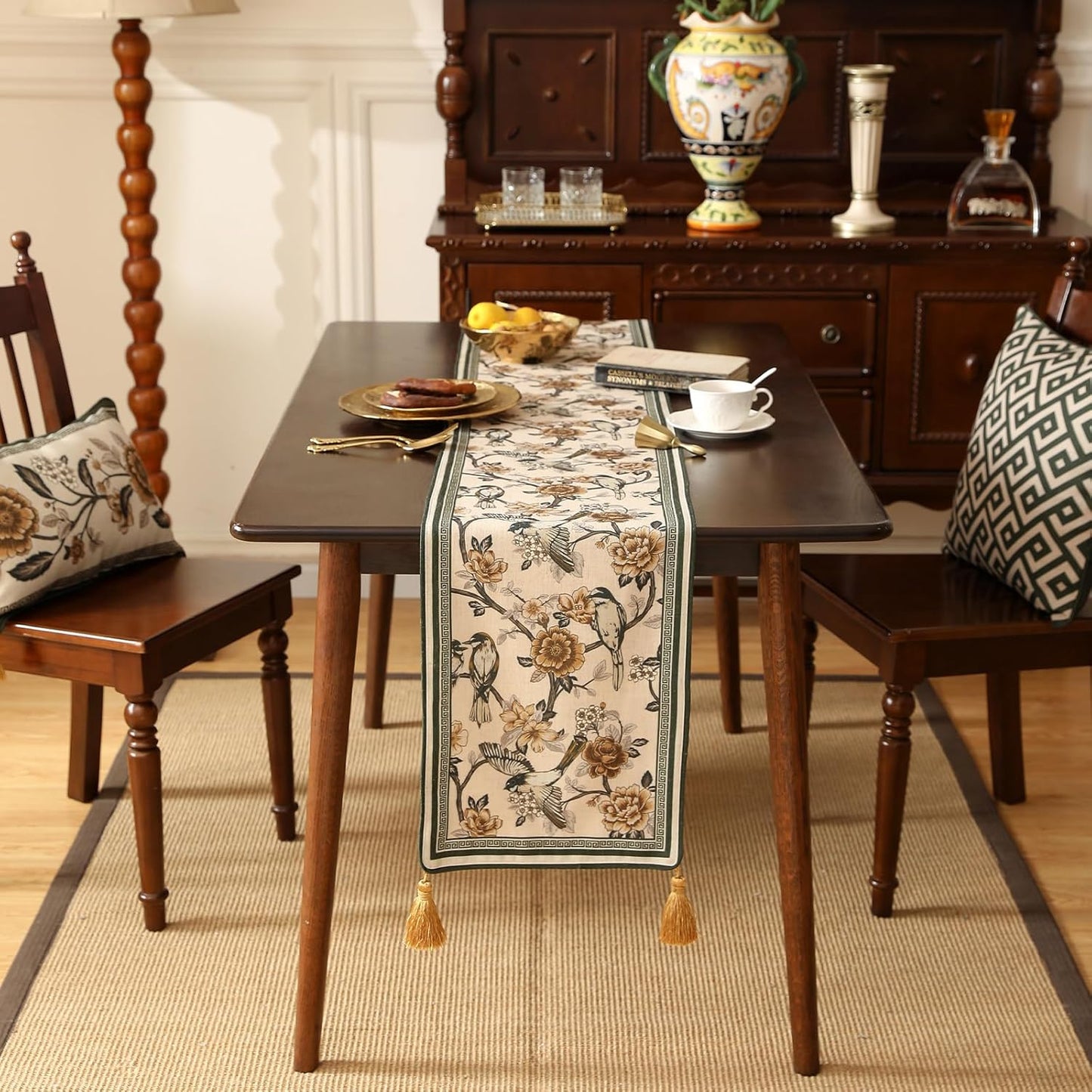 ISAENNE Designer Vintage Beige Linen Table Runner 102 Inches Long,Elegant Floral and Bird Pattern Decor Table Runners for Dining Tables,Thanksgiving,Christmas,Banquet,Party,12"*102"-Murad A