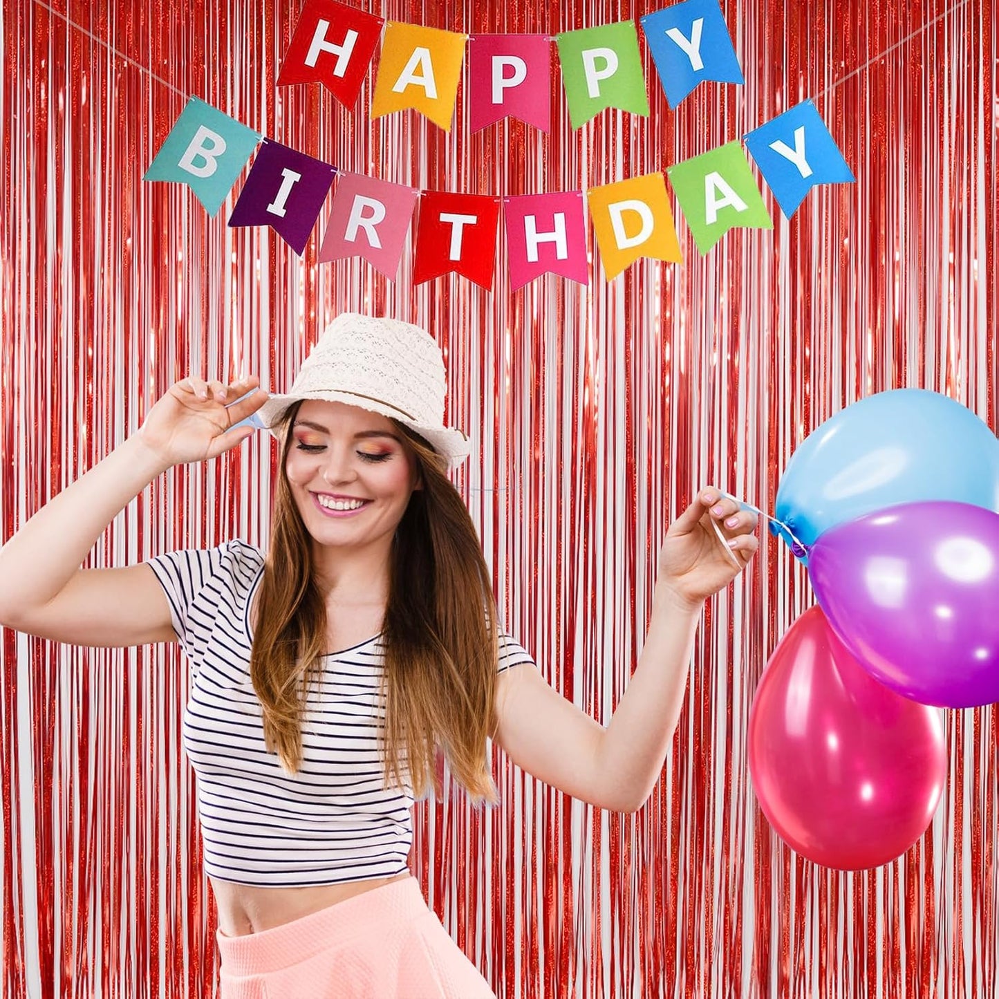 Foil Fringe Curtains Party Decorations - Melsan 3 Pack 3.2 x 8.2 ft Tinsel Curtain Party Photo Backdrop for Birthday Party Baby Shower or Graduation Decorations (Pure red)