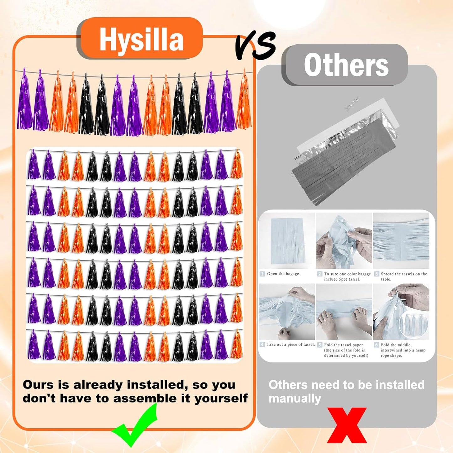 8P Purple Black 0range Foil Fringe Metallic Tassel Streamers Banner Tassel Garland for Parade Floats, Bachelorette, Wedding, Birthday, Halloween, Christmas, Bridal/Baby Shower Party Decorations