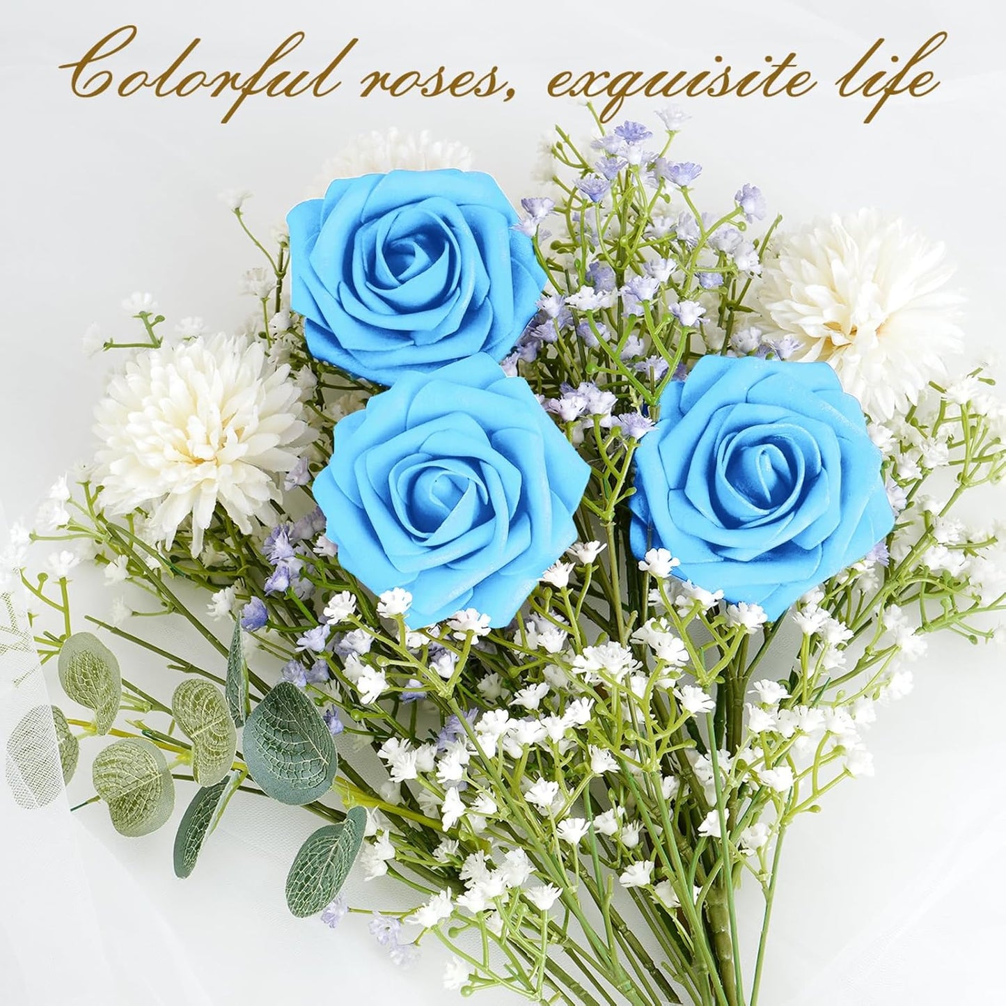 BLEUM CADE 16Pcs Artificial Flowers Fake Roses with Stems, Sky Blue Boxed Foam Roses for DIY Bouquets Centerpieces Wedding Party Arrangement Bridal Shower Decor