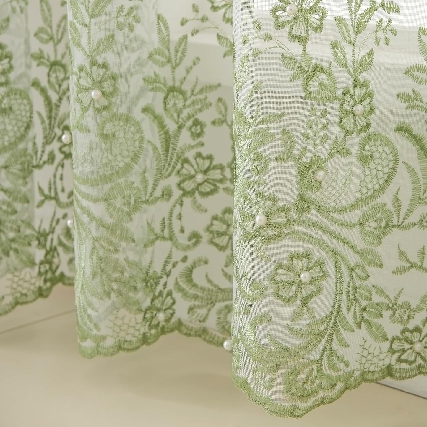 VISIONTEX White Sheer Voile Curtains, Decorative Green Embossed Butterflies Rod Pocket Window Drapes for Home Kitchen, Living Room and Bedroom 54 x 72 Inch, Set of 2 Curtain Panels
