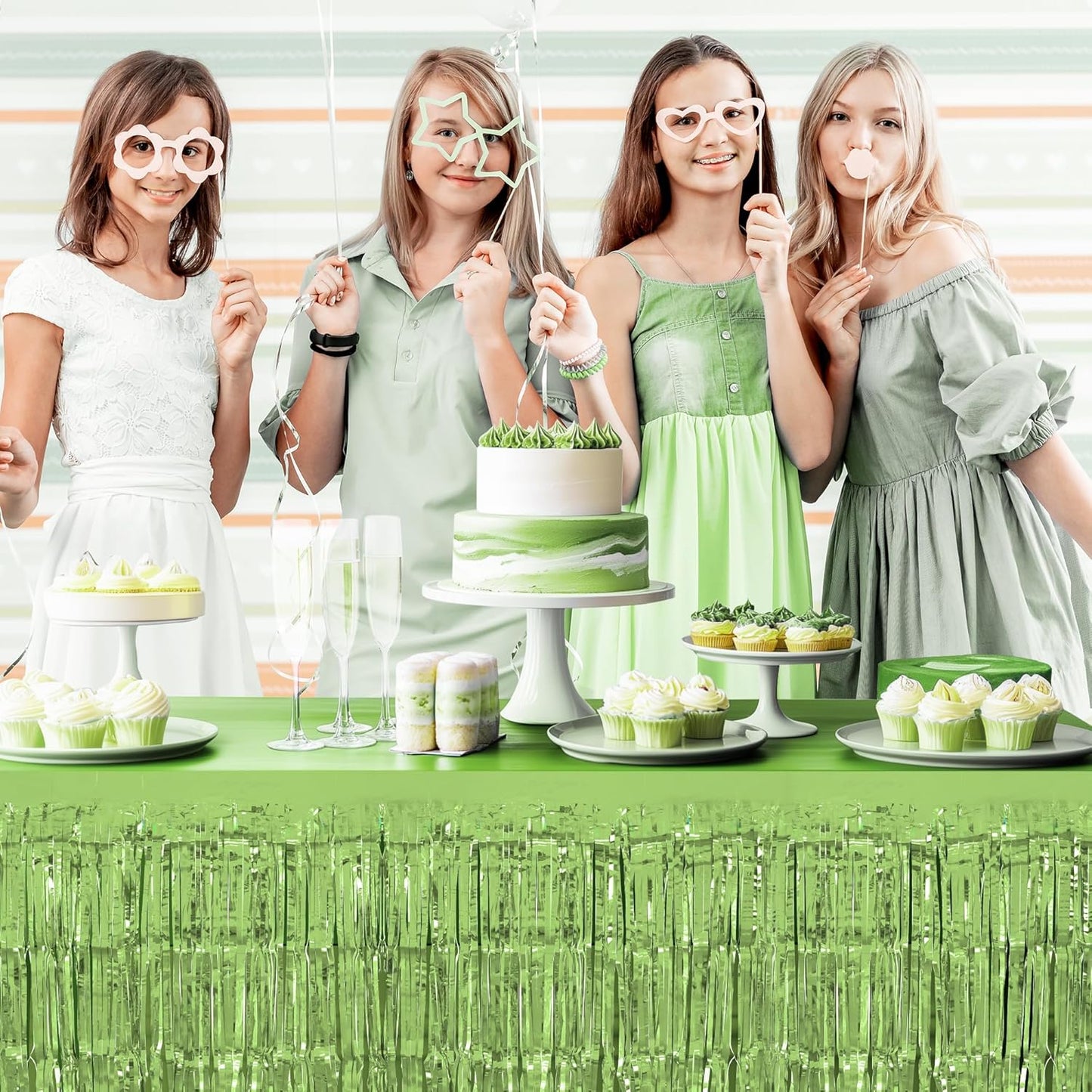 3 Pack Blue Green Purple Table Skirts, 29x108" Metallic Foil Tinsel Fringe Table Skirt for Rectangle Tables Streamer Curtains Backdrop, Party Decorations for Birthdays, Weddings, Holidays