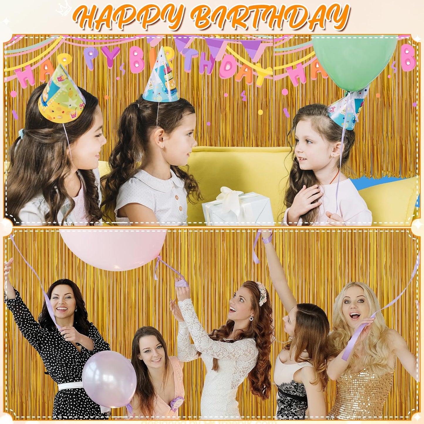 Crosize 4 Pack 3.3 x 8.2 ft Gold Foil Fringe Curtains Party Decorations, Gold Tinsel Curtain Backdrop for Parties, Door Streamers, Glitter Streamer Fringe Backdrop for Birthday Decoration