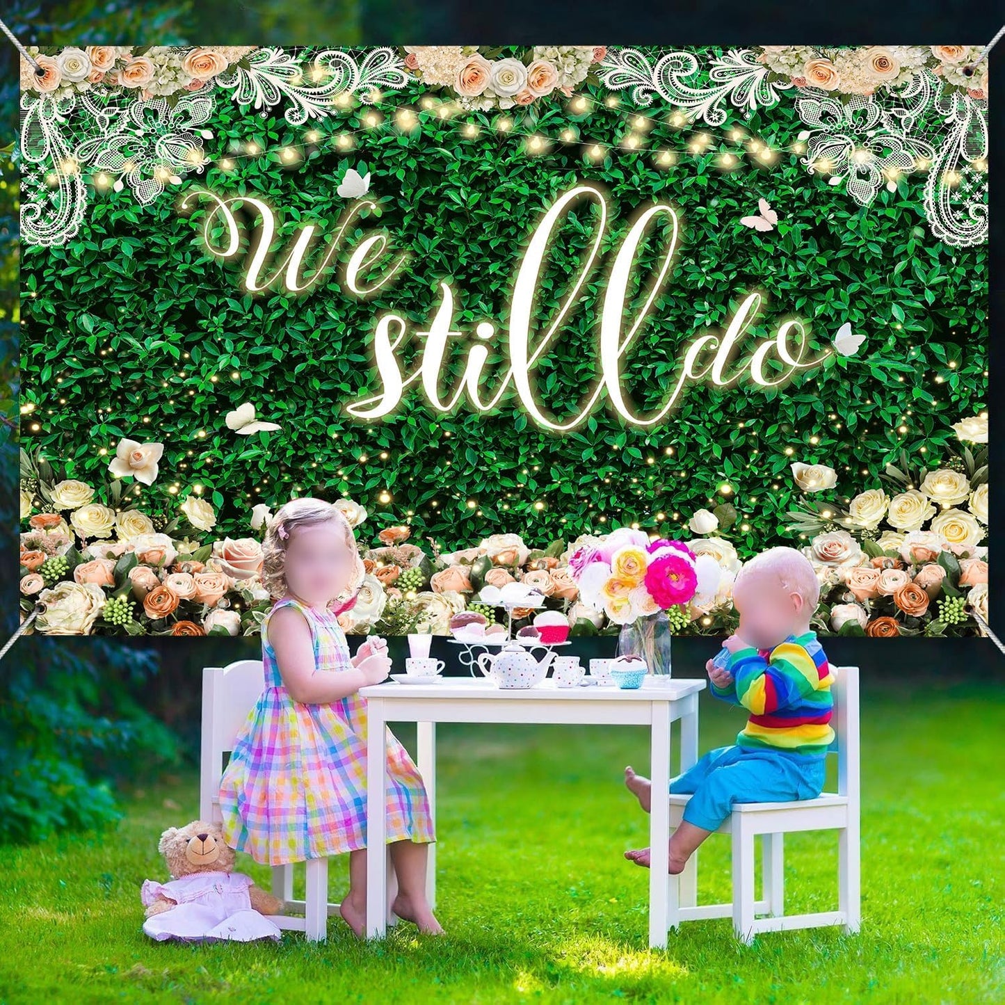 We Still Do Backdrop Green Leaves Lace Wedding Anniversary Photography Background Engagement Vow Renewal Bachelorette Party Decoration Banner Photo Booth Studio Props 7x5ft FU032YL