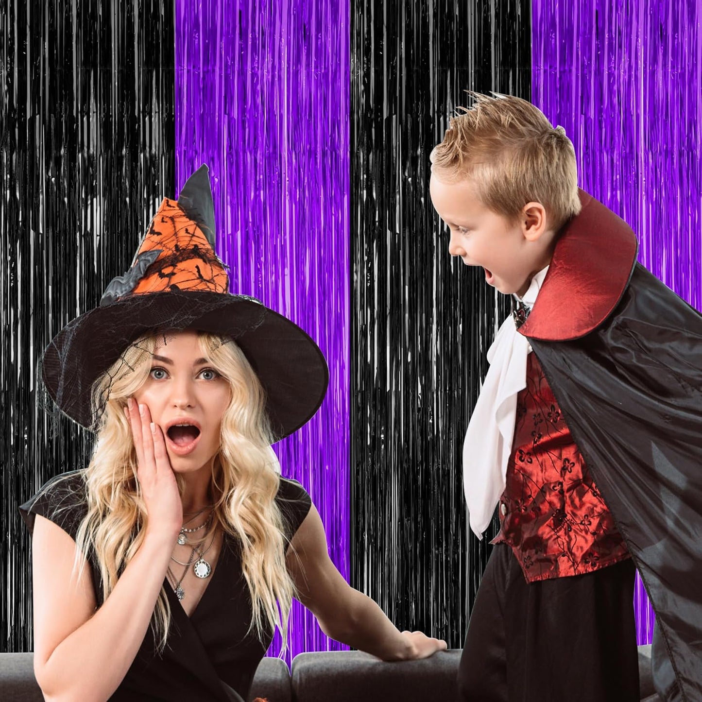 2 Pack Halloween Decor, 3.28 FT x 7.05 FT Purple and Black Foil Streamer, Metallic Fringe Curtains Tinsel Backdrop Party Streamer, Indoor Halloween Decorations Party Supplies Photo Booth Props