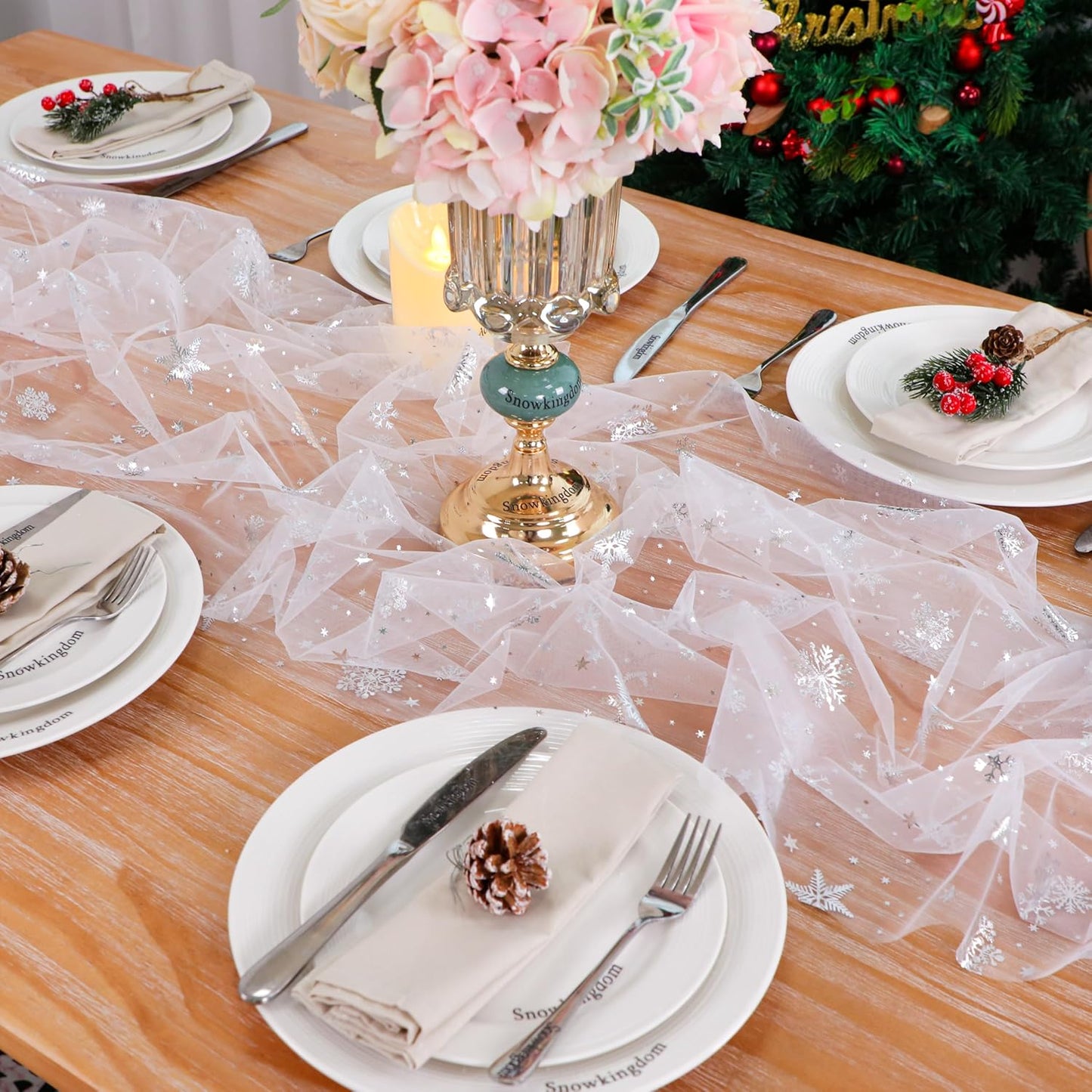 Snowkingdom 6 Pcs Christmas Snowflake Table Runners, 120 Inch Sheer Chiffon Gauze Cheesecloth, Silver Glitter Sequin Metallic Party Dining Table Decorations for Christmas Winter Holiday New Year