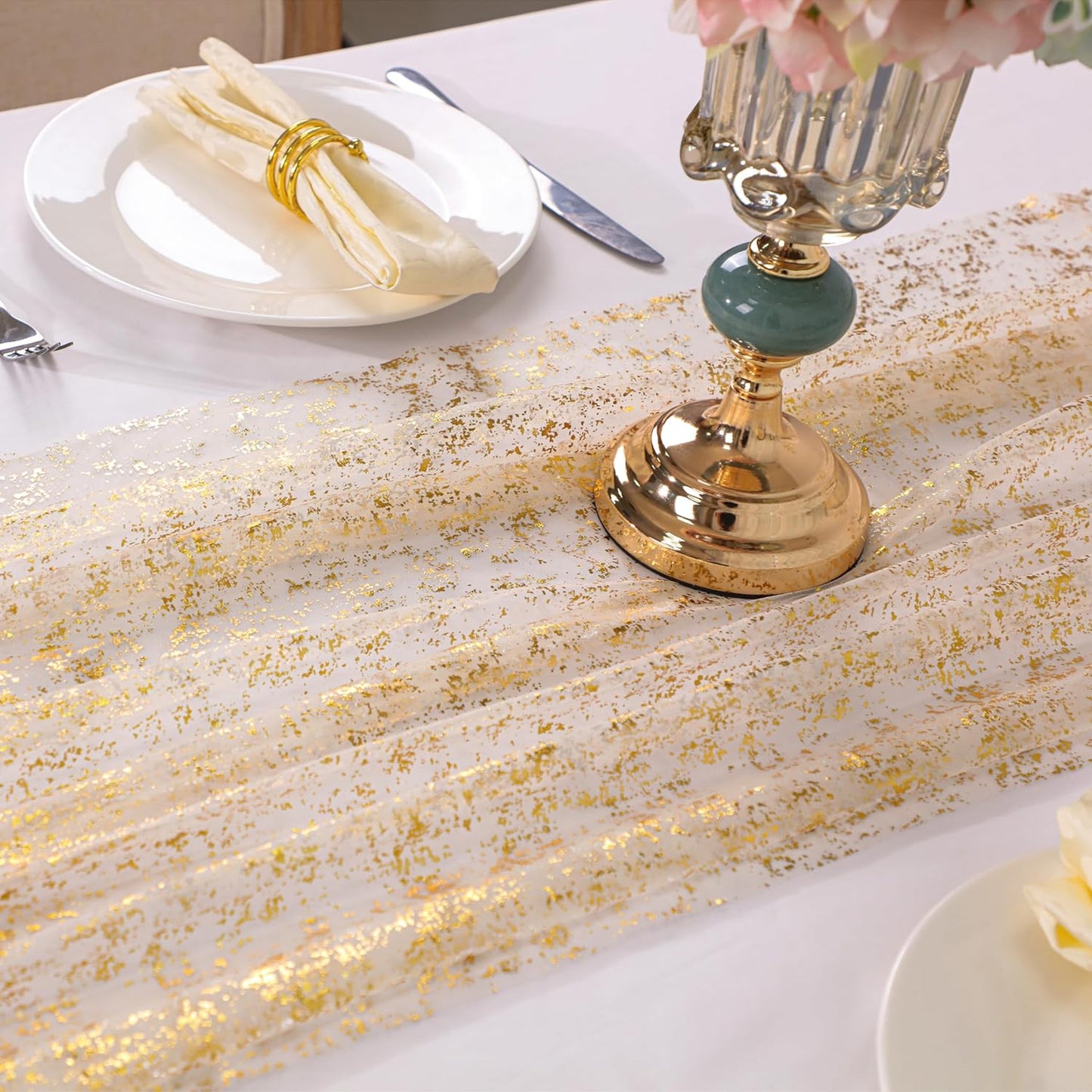 Snowkingdom 10 Ft Gold Table Runner, Sheer Chiffon Tulle Cheesecloth Golden Sequin Glitter Metallic Foil, Gold Party Table Decorations Centerpiece for Wedding Birthday Christmas Bridal Baby Shower