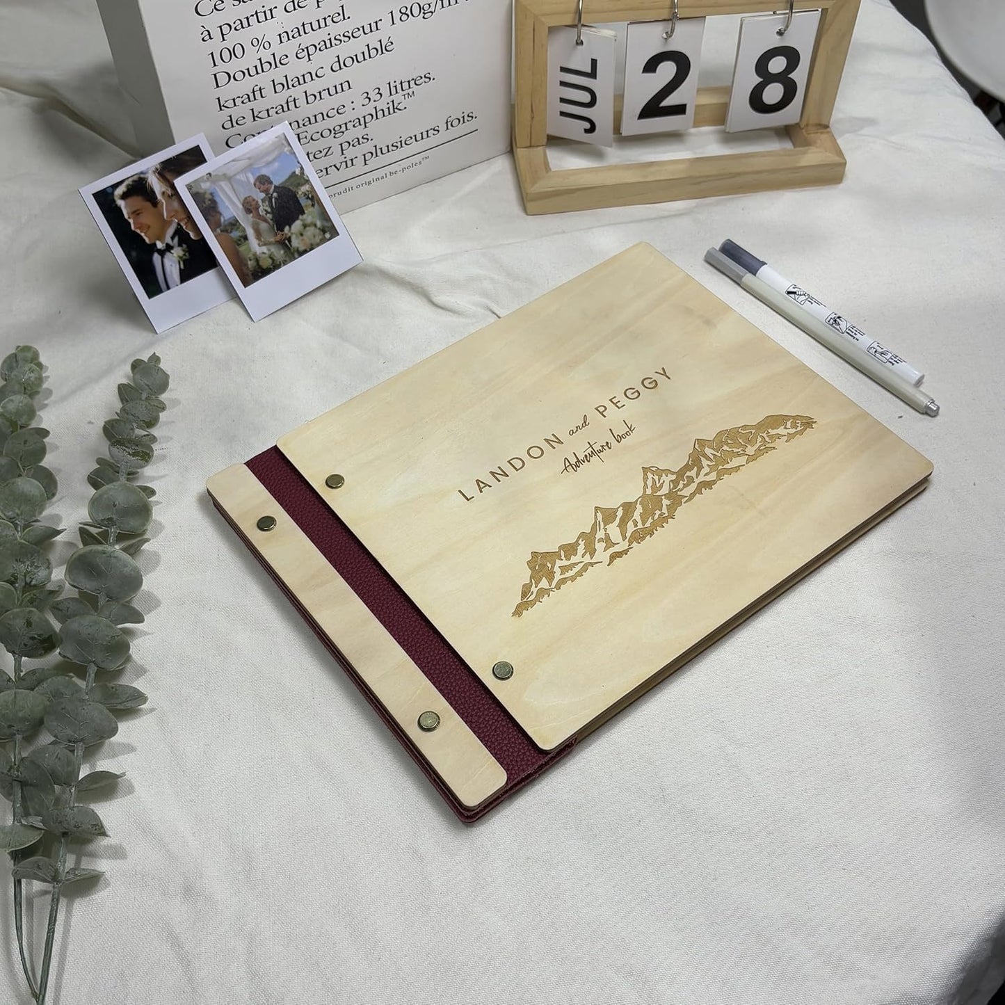 NBE Personalized Wooden Guest Book - Custom Wedding Sign-In Book with Burgundy Spine - Rustic Photo Album for Messages & Polaroids - Couples Keepsake Memory Gift (8.5x6 Inches)