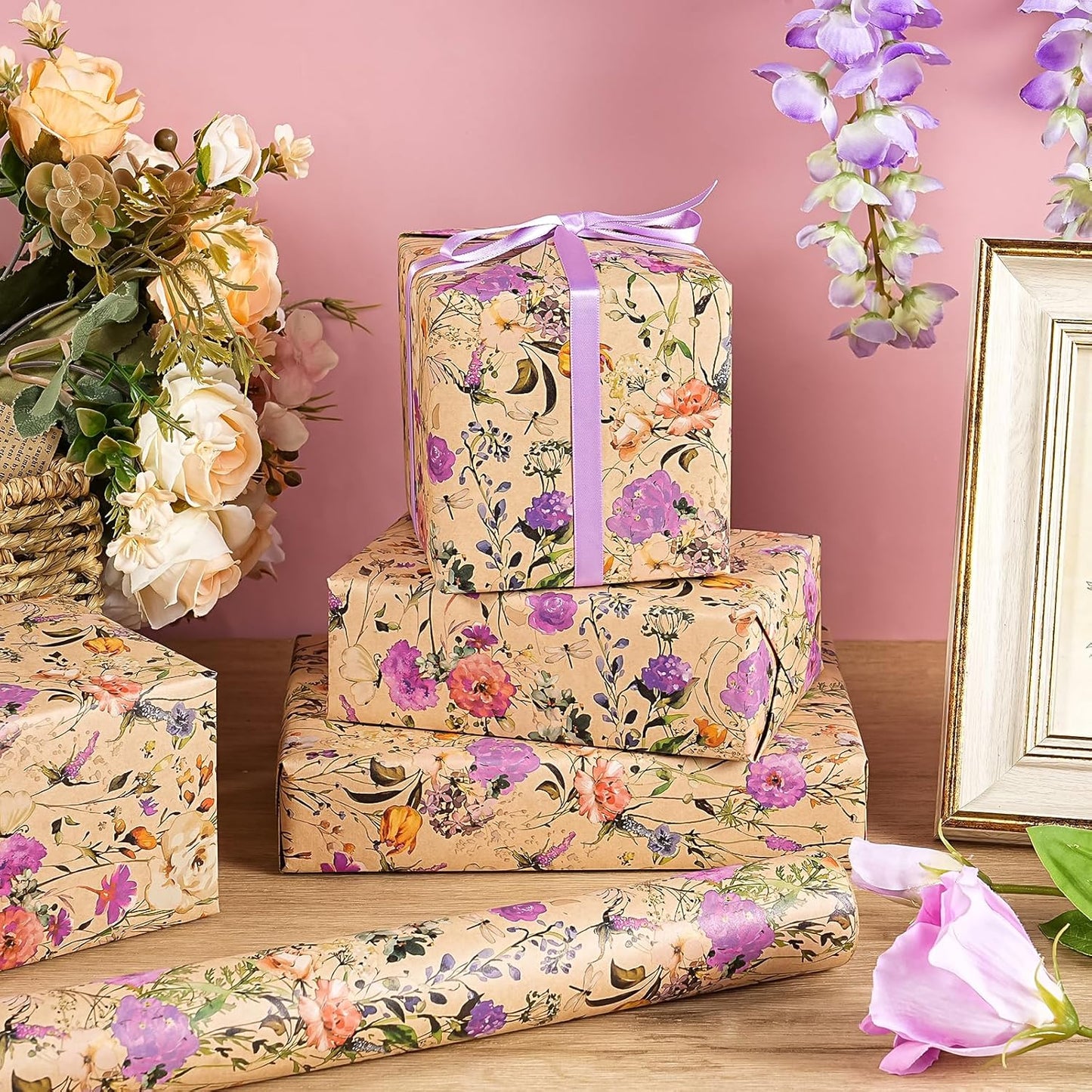 WRAPAHOLIC Kraft Floral Wrapping Paper Roll - Mini Roll - 17 Inch x 16.5 Feet - Garden Wildflower Wrapping Paper Perfect for Girls Women Birthday, Wedding, Bridal Shower