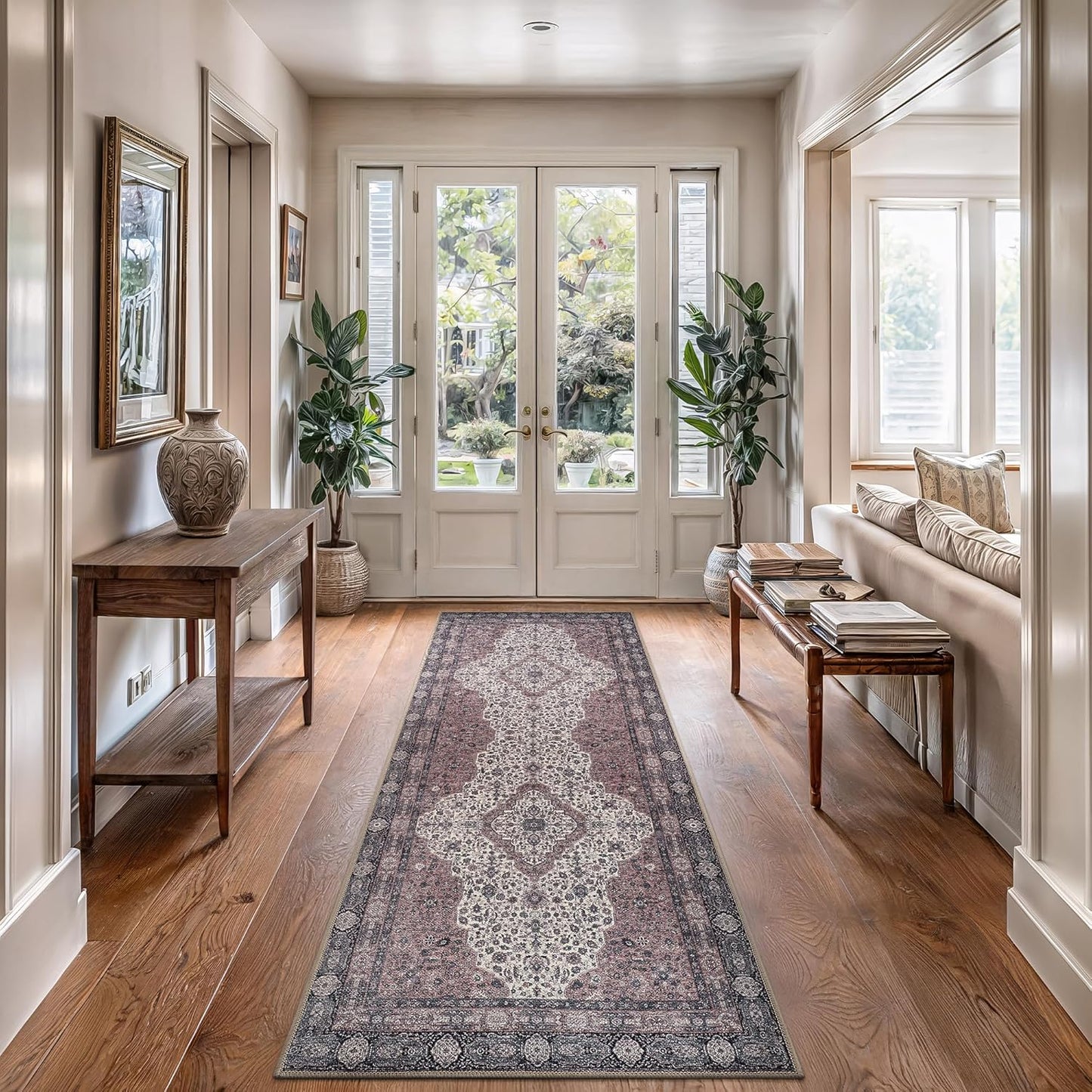 Bloom Rugs Washable Non-Slip 12 ft Runner - Cream/Green Traditional Medallion Runner for Entryway, Hallway, Bathroom, and Kitchen - Exact Size: 2.5' x 12'