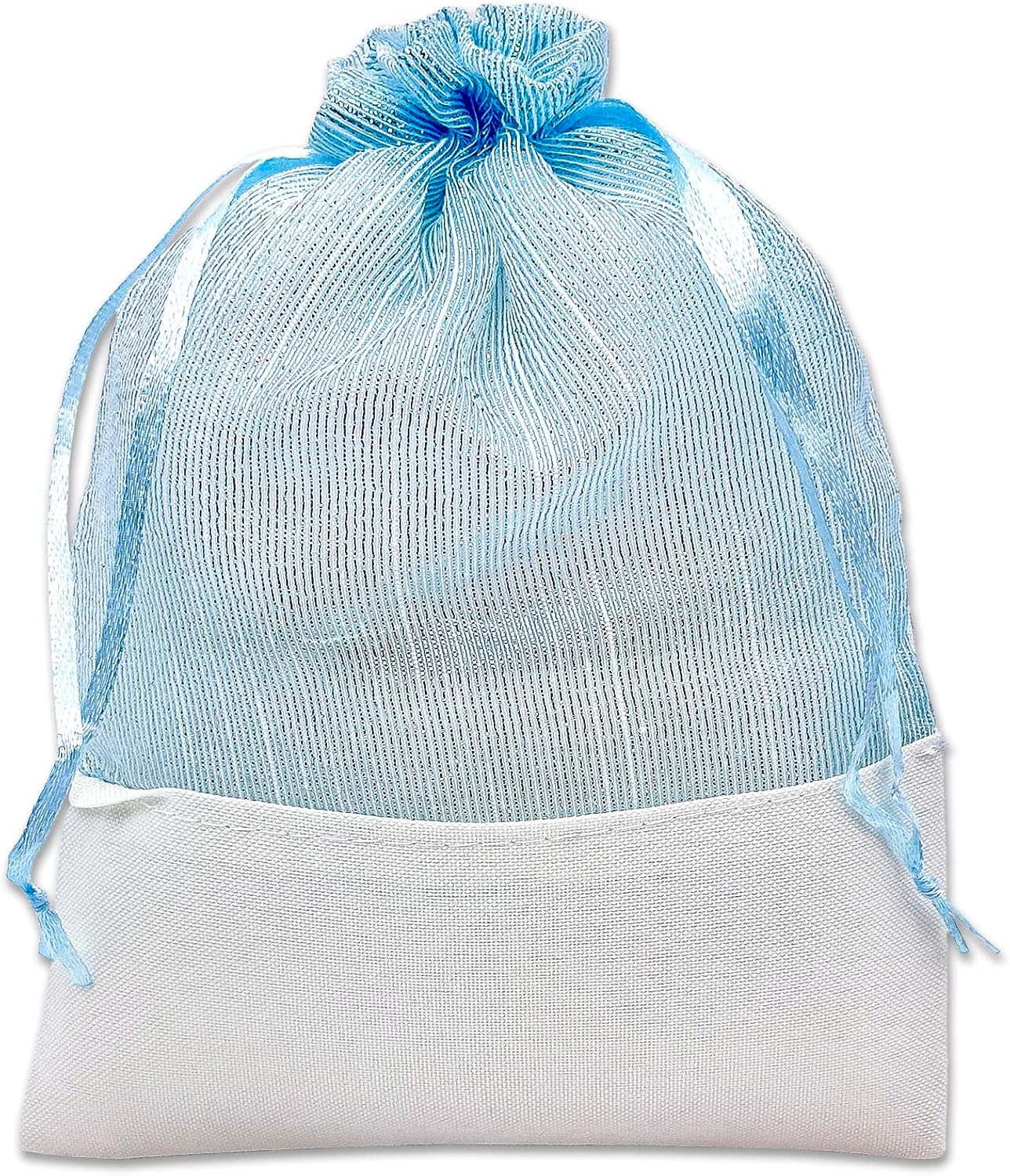 TheDisplayGuys For Your Modern Living 24-Pack Linen & Blue Organza Gift Bags with Drawstrings (Large 5 1/2 x 8) - Party Favors, Samples, Treats Mesh Pouches