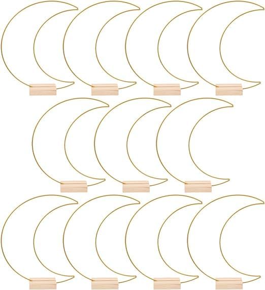 Dining Table Decor 10 Sets Metal Floral Hoop Moon Shaped Metal Wreath Ring Stand with Wood Holder Centerpiece Table Decor for DIY Xmas Wedding Table Decor Flower Garlands (Moon,26x20cm