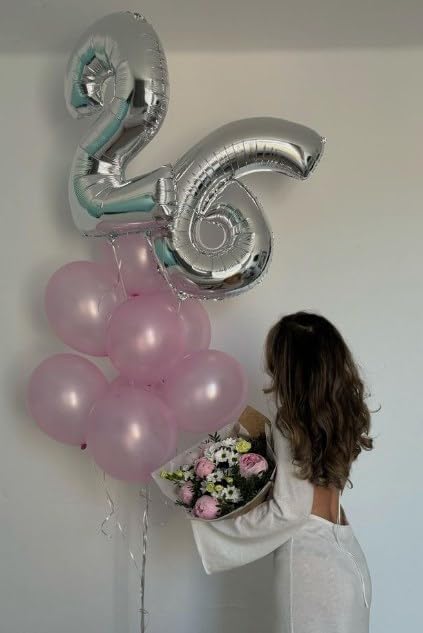 40 Inch Silver Mylar Foil Number 26 Birthday Balloon, Digital Balloons for 26 Boy Girl Party Decorations Supplies, Big Helium Balloon Numbers for 26 62 Men Women Anniversary