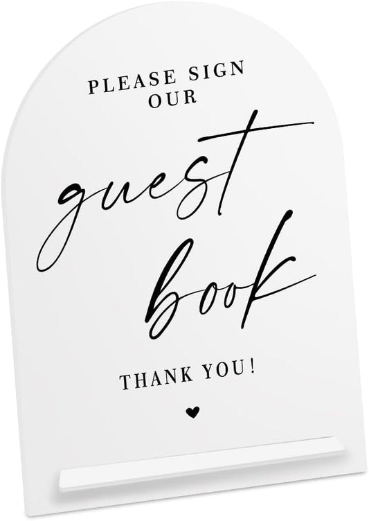 White Acrylic Guest Book Sign, Please Sign Our Guestbook Sign with Stand- 8x11 Inch Modern Calligraphy Arch Diagonal Acrylic Sign for Wedding Reception, Wedding Decoration Sign-bs-hlp05