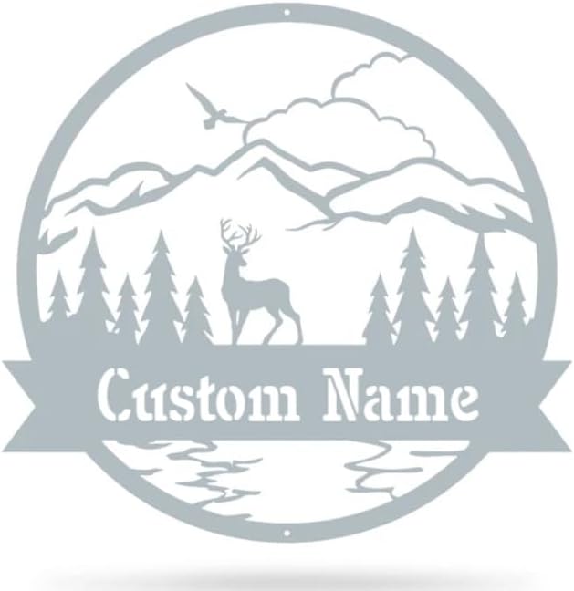RealSteel Personalized Outdoor Metal Sign, Customize the Great Outdoor Deer & Mountain Monogram, Rustic Cabin, Lodge, or Home Décor, Laser Cut Steel Wall Art, Family Gifts