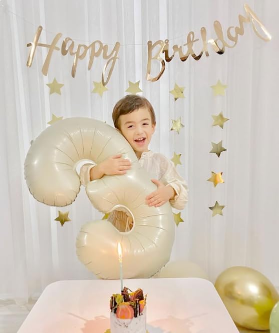 40 Inch Cream White 3 Large Number Balloon, 3 13 23 30 33 36 38 Cream White Birthday Party Decorations, Number Three Foil Balloons for Anniversary Party Graduations Celebration Supplies