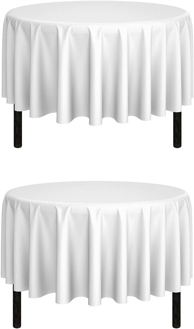 Pomp White 90" Inch Round Premium Polyester Tablecloth (2Pack) | Wrinkle + Stain Resistant Easy Care Fabric | Fits Round or Circle Table