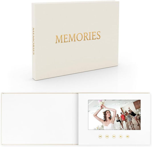 MEMORIES - GOLD FOIL Luxury Linen Bound wedding Video Book wedding Album Up to 3 hours of video, 7” IPS Display, 4GB of memory & Rechargeable Battery (MEMORIES)