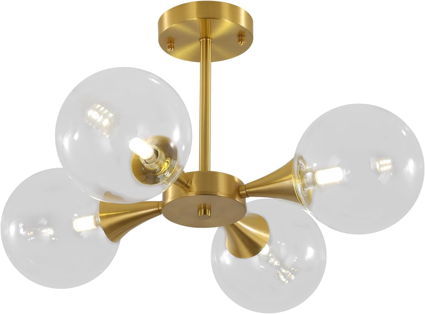 KCO Lighting 4-Lights Modern Globe Semi Flush Mount Ceiling Light Mid Century Brushed Brass Schoolhouse Close to Ceiling Light Gold Clear Glass Bubble Sputnik Chandelier Light Fixture
