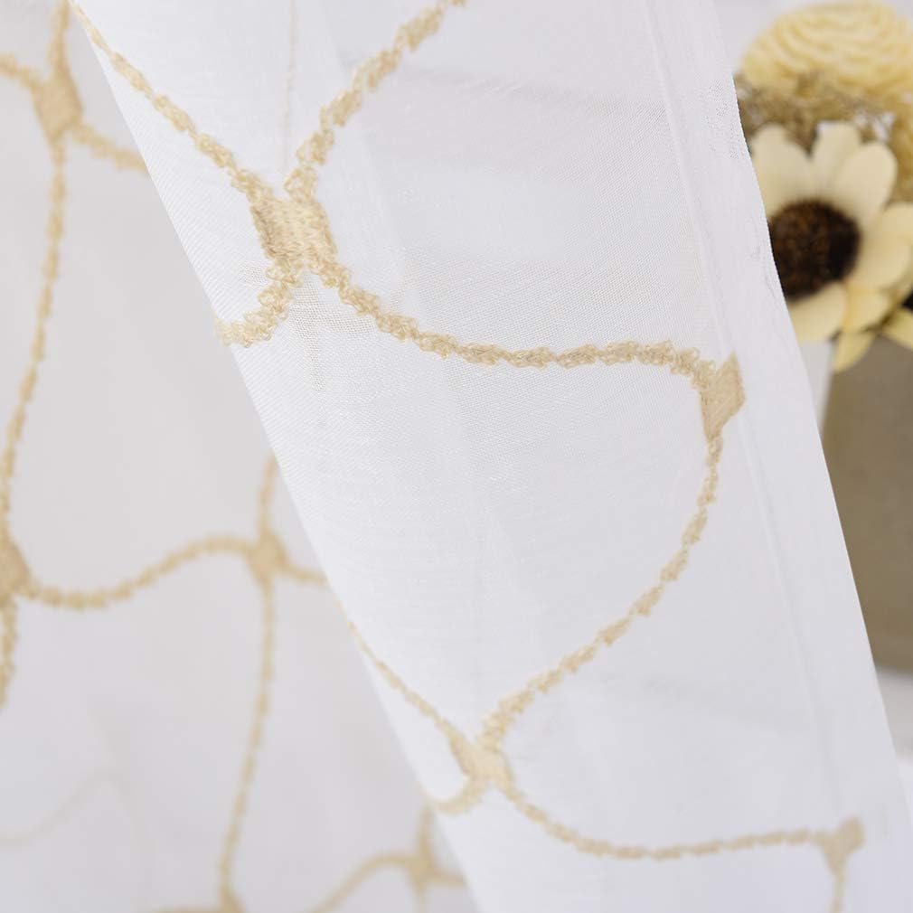 Sheer Curtains Gold 45 Inches, Embroidered Wave Diamond Rod Pocket Voile Drapes for Living room, Bedroom, Window Treatments Semi Curtain Panels for Yard, Patio, Villa, Parlor, Set of 2, 52"x 45".