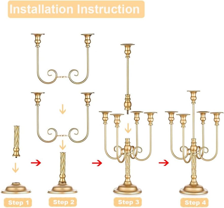 Metal Candelabra Gold Candle Stand 20in Tall, 5-Candle Candlestick Holder for Taper Candles, Candle Holder for Wedding Centerpiece Christmas Valentine Holiday Party Event Reception Decor, 2Pcs