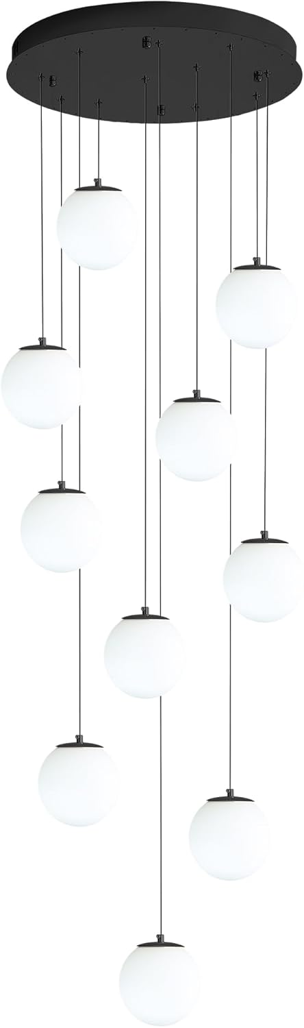 H118 Large Chandeliers for High Ceilings,12-Lights Mid Century Globe Chandelier Black Modern Globe Pendant Light for Entryway Villas and Stairs