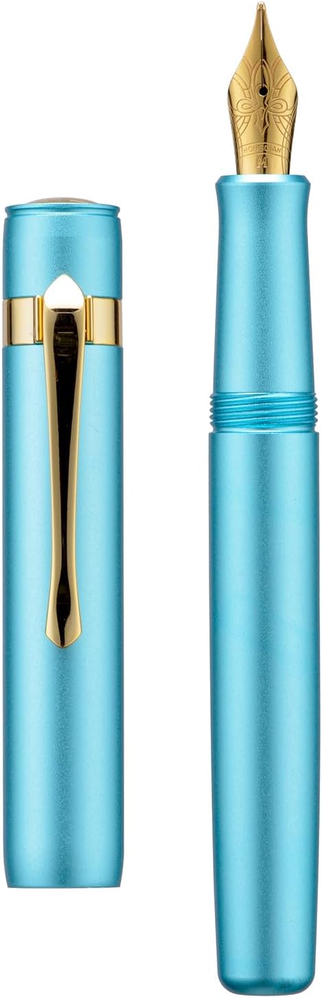 HONG DIAN M2 Black Forest Mini Fountain Pen, Extra Fine Soft Nib & Sleek Shape Aluminium Short Pocket Travel Pen (Lake Blue)
