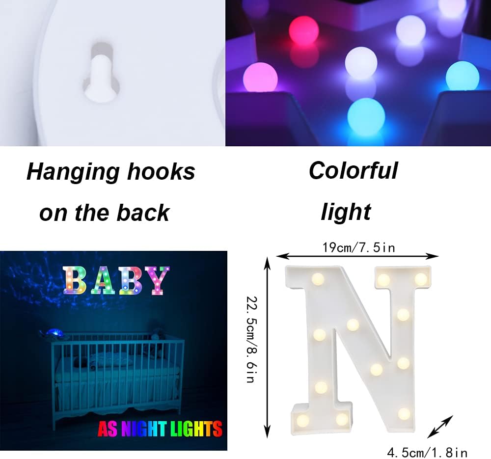 Light Up Colorful LED Marquee Letter lights, 18 Colors Changing Alphabet Letters Sign with Remote Timer for Night Light Girls Bedroom Wedding Birthday Party Lamp Christmas Home Bar Decor- Colorful N