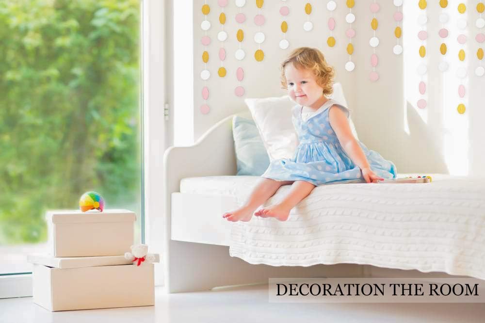 MerryNine Paper Garland 5 Pack, 65 Ft Glitter Paper Garland Circle Dots Hanging Decor, Banner for Baby Shower, Birthday, Nursery Party Decor (Pink White Gold)