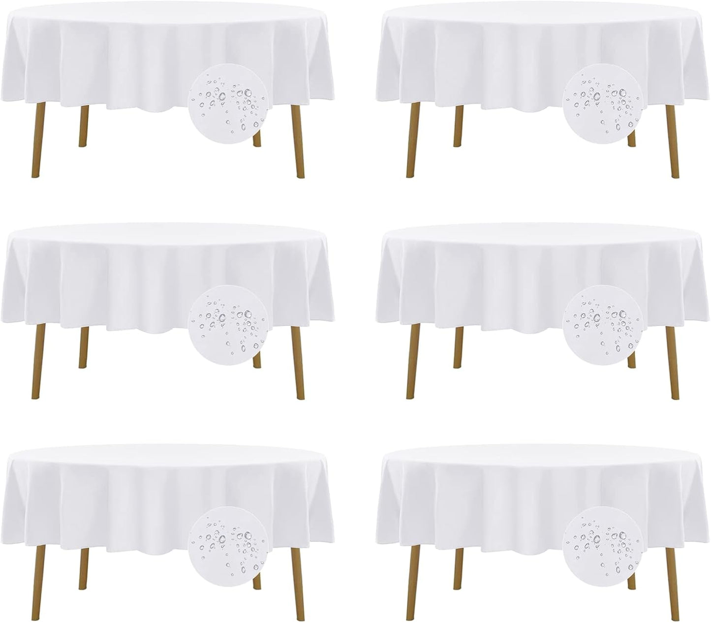 Fokitut 6 Pack Waterproof Round Tablecloth, 90 Inch, Stain Resistant and Wrinkle Polyester Table Cloth, Fabric Table Cover for Kitchen Dining, Wedding, Party, Holiday Dinner-White